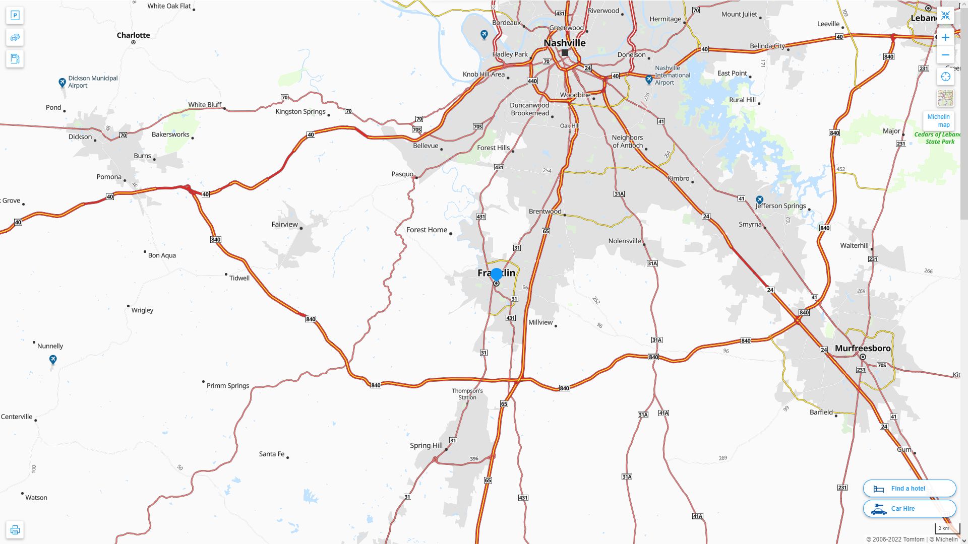Franklin Tennessee Highway and Road Map